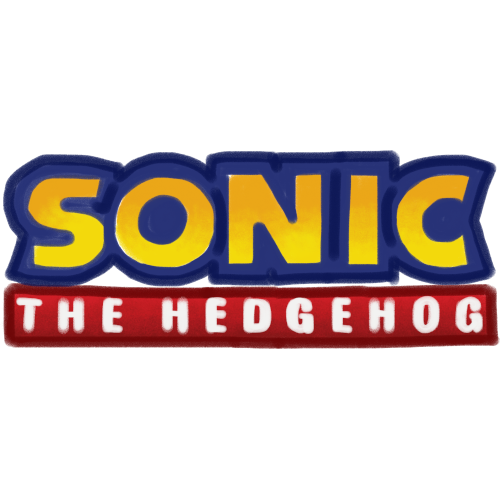  the word “sonic” in a gradient between orange and yellow, it’s outlined in a dark navy blue. under it is a red rectangle that also has a red gradient and says “the hedgehog” in white